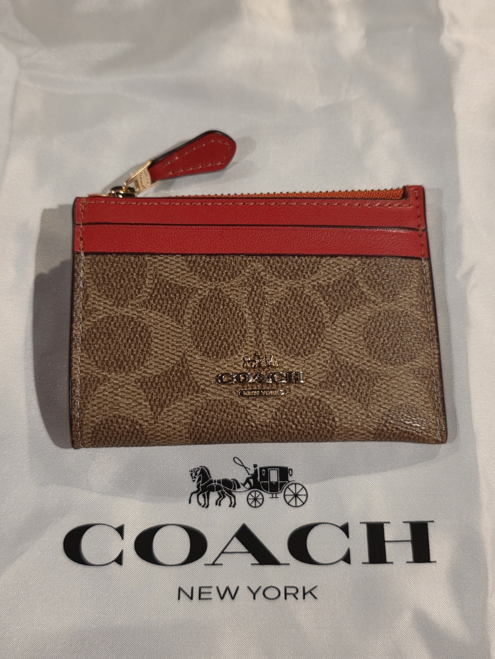 Coach Signature Canvas Card Case with Red Trim